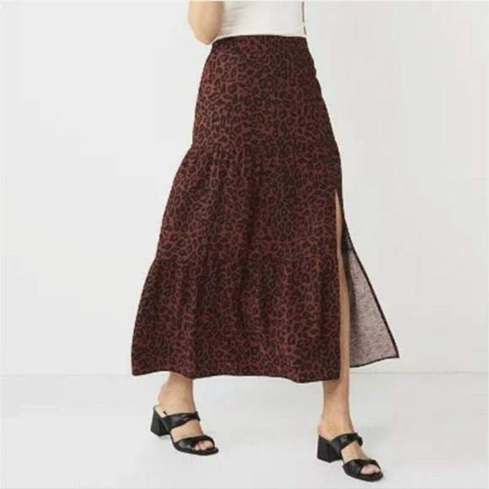 NINE WEST XL tiered maxi skirt high left slit rayon blend black brown leopard